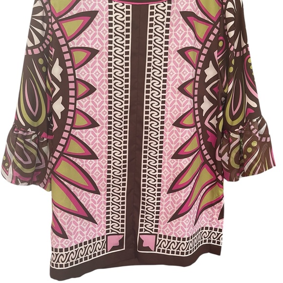Nicole Miller size Large Brown and Pink Patterned Women's Top v-Neck tunic - Picture 2 of 9